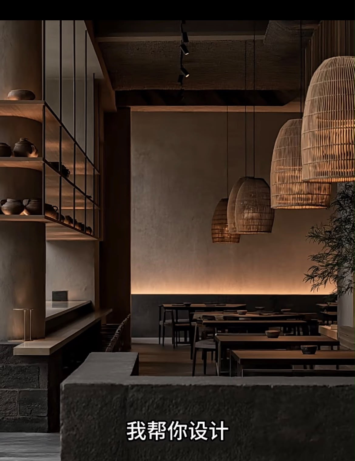 Quiet dining room with woven pendant lights