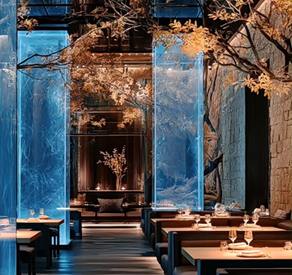 Restaurant dining area with illuminated blue architectural features