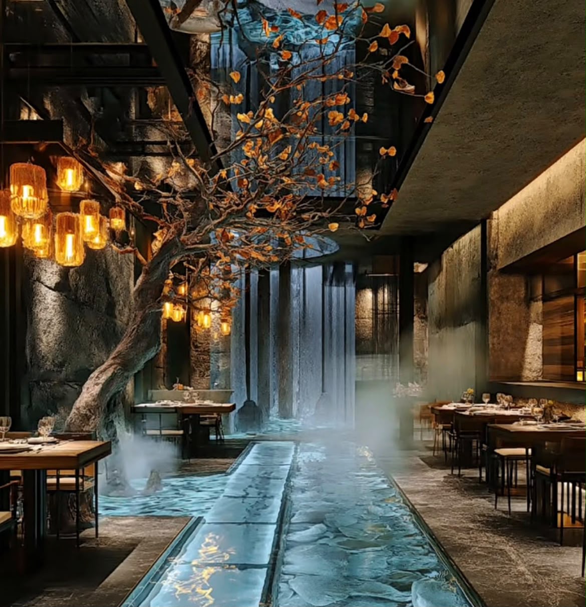 Dramatic restaurant interior with a tree and water feature
